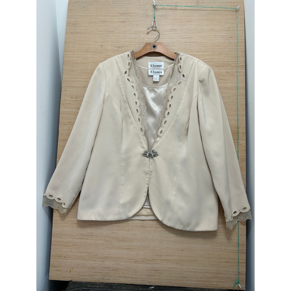J. Lauren International Champagne Beige 2pc Jacket Top Set Rhinestone Size 18